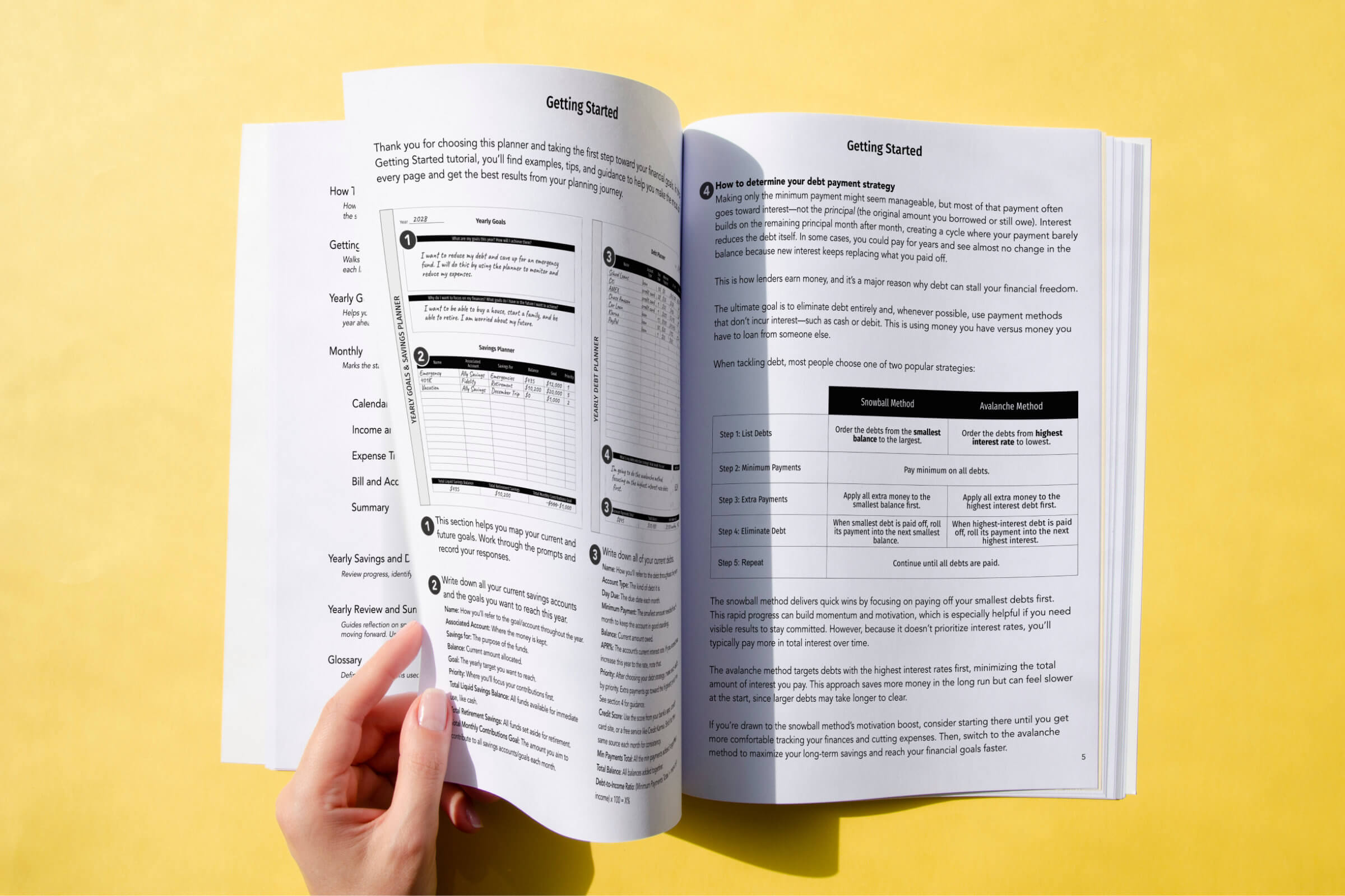 Interior spread of budget planner with tutorial section.