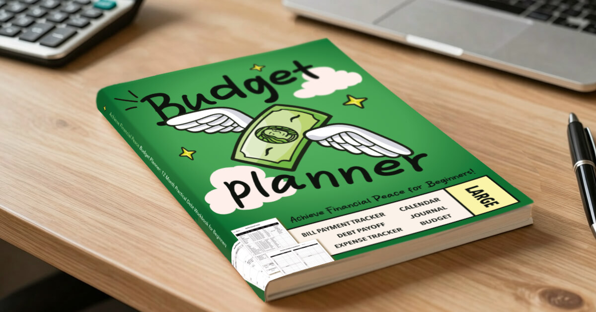 Budget planner closed on top of a desk showing the cover.